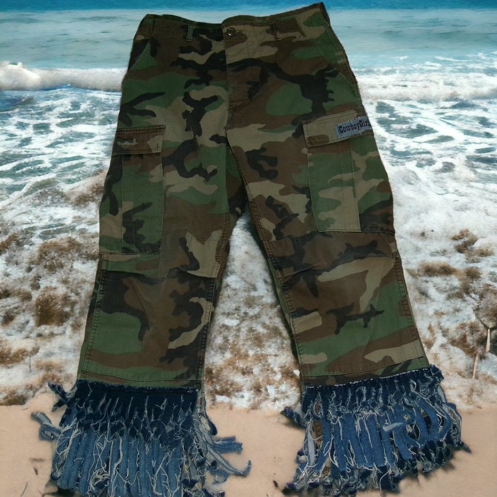 VTG Woman's Camo Pants Altered Denim Fringe Size 8 Cowboy Girl Rerides